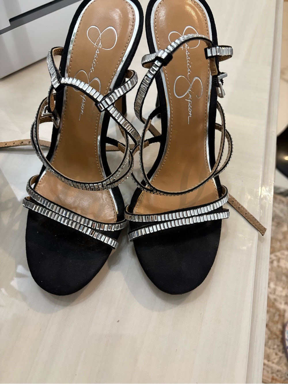 Jessica Simpson Black Strappy Heels with Silver Accent Beading